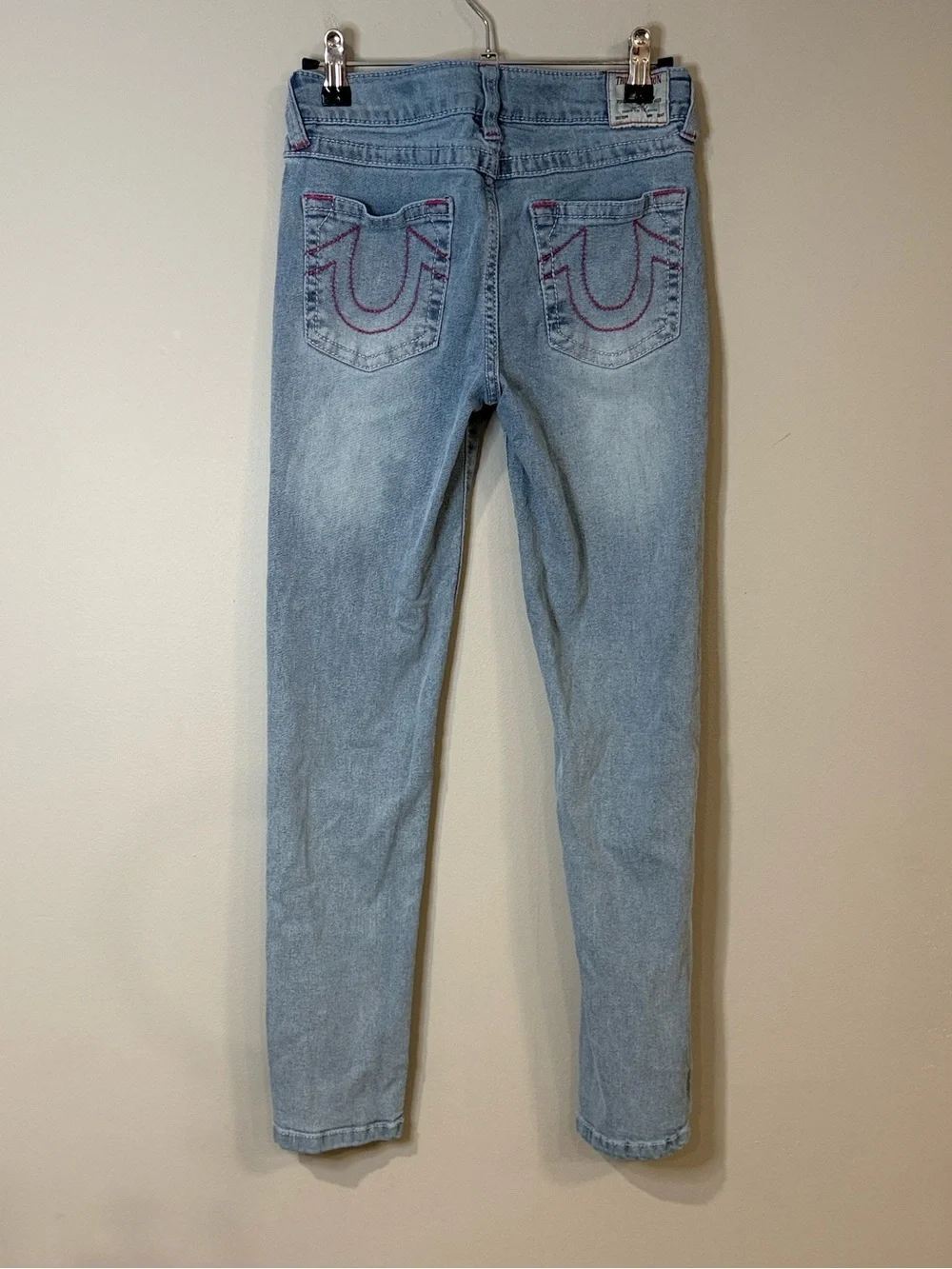 True Religion girl’s Billie mid-rise straight leg jean light blue wash with pink